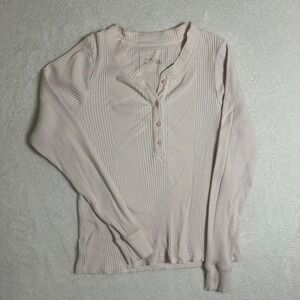 Aerie XL Ribbed Henley Long Sleeve Shirt Light Pink Blush Thermal Lounge Top Y2K